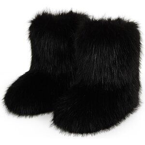 ⚡Women's Black Faux Fur Warm Boot Furry Short Snow Boot Mid Calf Boots